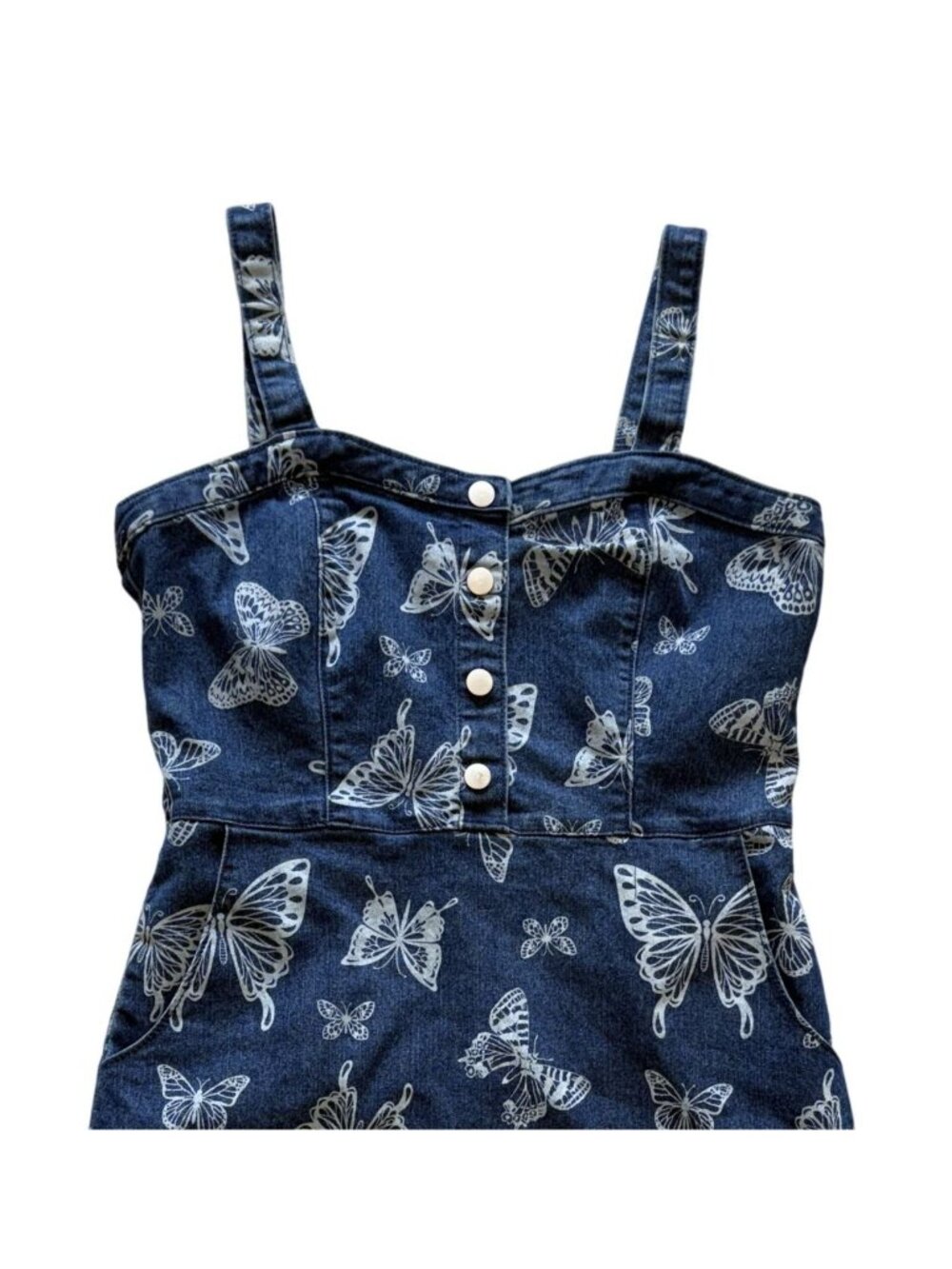 Denim Butterfly Print Denim MiniDress Snap Front Zip Back Non Adjust Strap Med - Picture 2 of 4